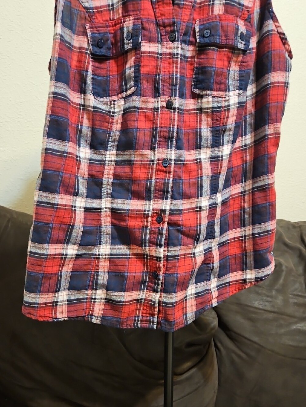 Maurices Red, Navy & White Plaid Sleeveless Button-Up Shirt - Picture 3 of 8